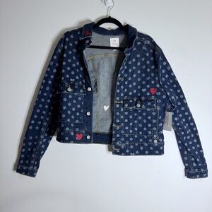 LuLaRoe Kenny Polka Dot Denim Jacket Hearts Valentine Cropped L NWT